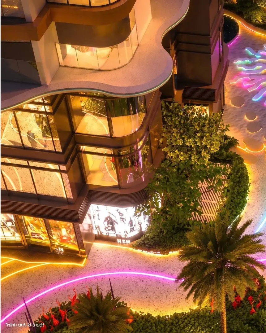 Đường dạo ánh sáng san hô phát sáng neon về đêm
